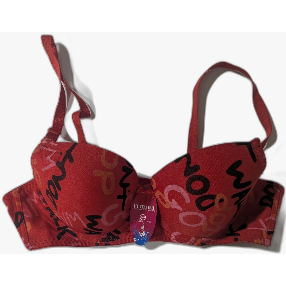Femina 34B Padded Bra Red Graffiti Print Underwire Style Z13056